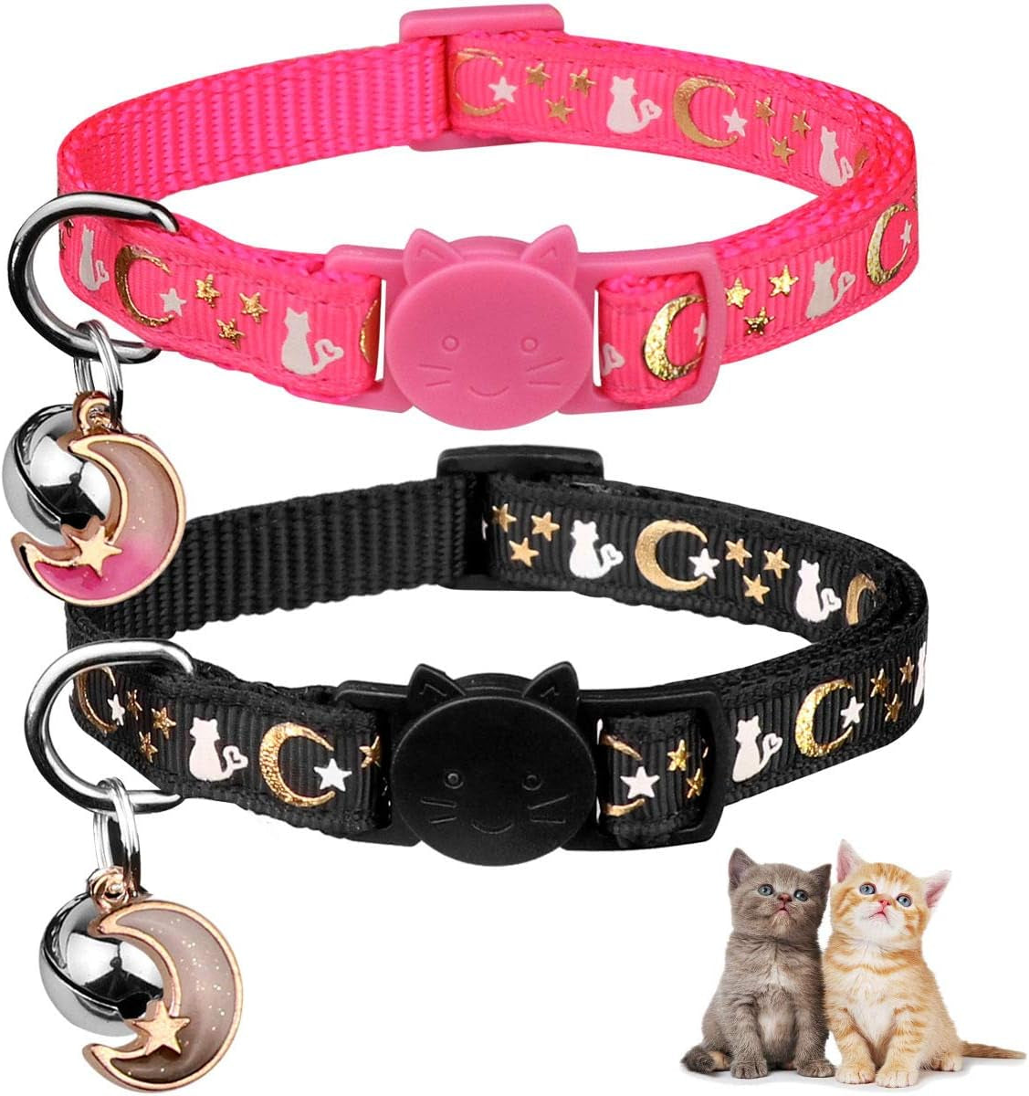 2PCS Breakaway Cat Collars with Bell Moons Stars Cute Kitty Adjustable Safe Kitten Collars with Pendant Glow in the Dark(Black&Purple)