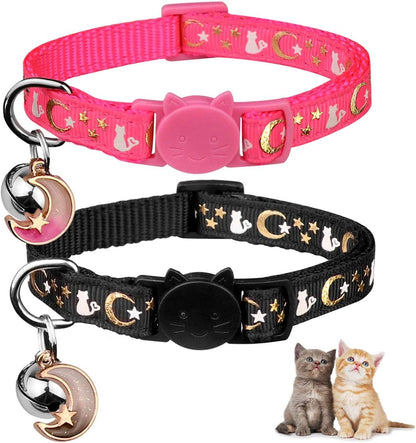 2PCS Breakaway Cat Collars with Bell Moons Stars Cute Kitty Adjustable Safe Kitten Collars with Pendant Glow in the Dark(Black&Purple)