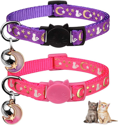 2PCS Breakaway Cat Collars with Bell Moons Stars Cute Kitty Adjustable Safe Kitten Collars with Pendant Glow in the Dark(Black&Purple)