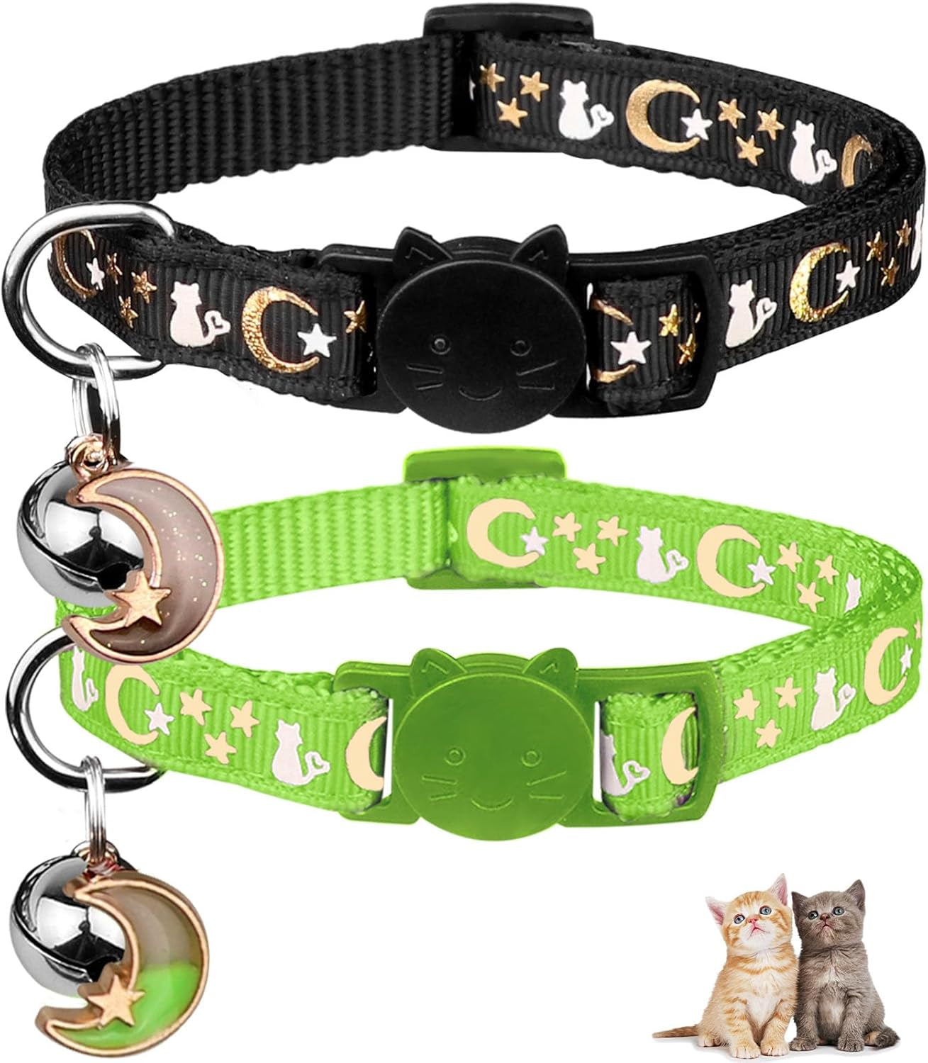 2PCS Breakaway Cat Collars with Bell Moons Stars Cute Kitty Adjustable Safe Kitten Collars with Pendant Glow in the Dark(Black&Purple)