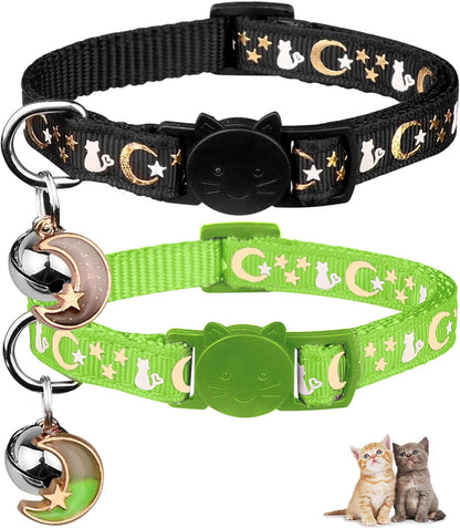 2PCS Breakaway Cat Collars with Bell Moons Stars Cute Kitty Adjustable Safe Kitten Collars with Pendant Glow in the Dark(Black&Purple)