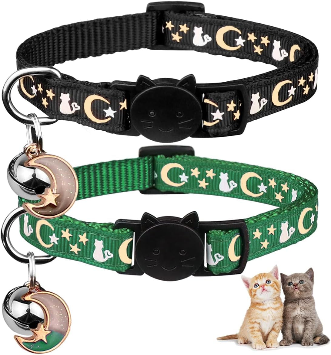 2PCS Breakaway Cat Collars with Bell Moons Stars Cute Kitty Adjustable Safe Kitten Collars with Pendant Glow in the Dark(Black&Purple)