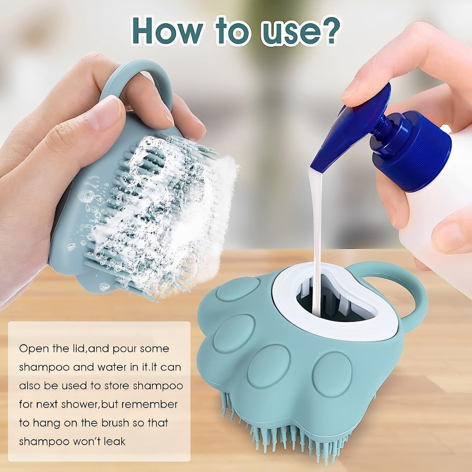 Silicone Pet Grooming Brush with Shampoo Dispenser - Soft Dog Bath Brush & Massage Comb for Easy Fur Cleaning - Blue