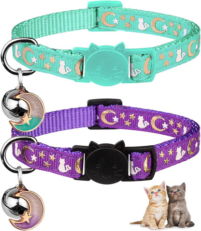 2PCS Breakaway Cat Collars with Bell Moons Stars Cute Kitty Adjustable Safe Kitten Collars with Pendant Glow in the Dark(Black&Purple)