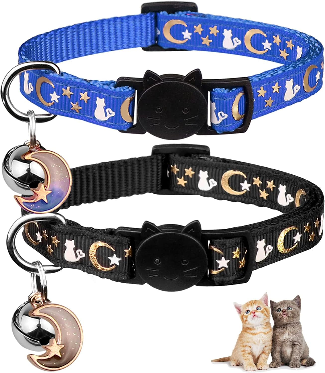 2PCS Breakaway Cat Collars with Bell Moons Stars Cute Kitty Adjustable Safe Kitten Collars with Pendant Glow in the Dark(Black&Purple)
