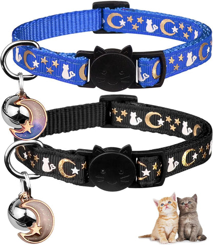2PCS Breakaway Cat Collars with Bell Moons Stars Cute Kitty Adjustable Safe Kitten Collars with Pendant Glow in the Dark(Black&Purple)