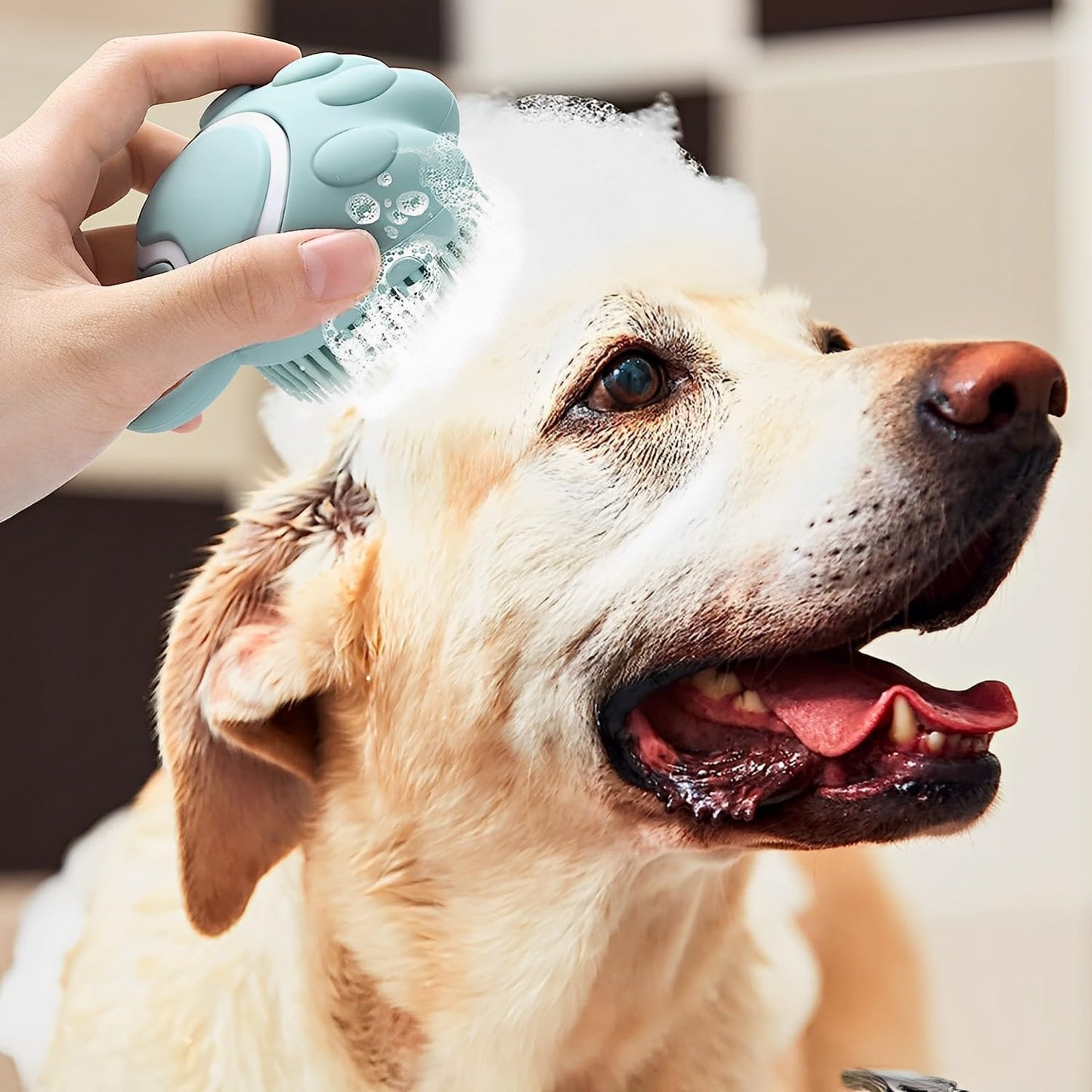 Silicone Pet Grooming Brush with Shampoo Dispenser - Soft Dog Bath Brush & Massage Comb for Easy Fur Cleaning - Blue