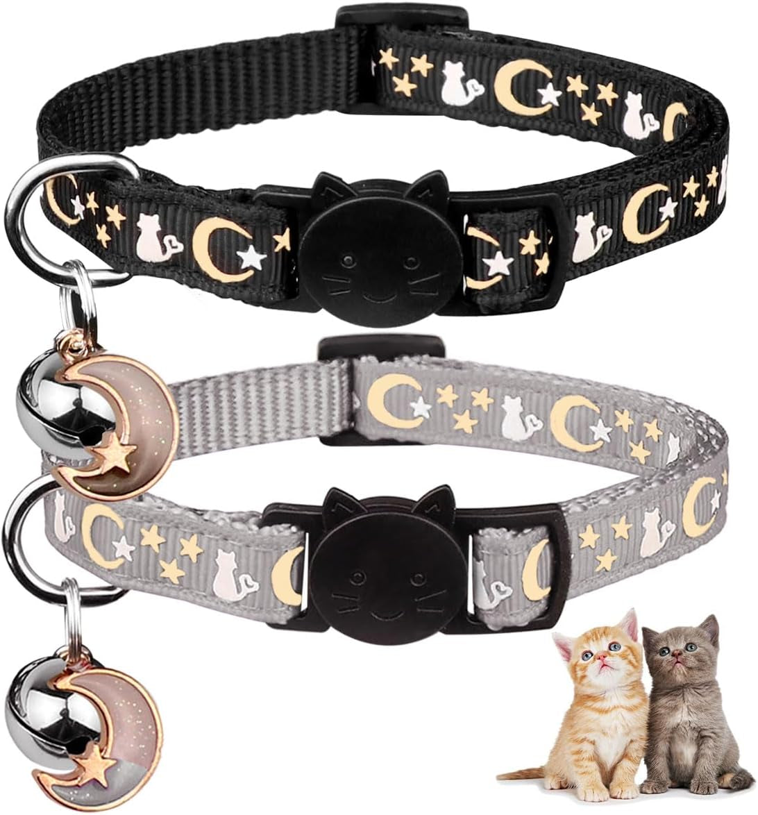2PCS Breakaway Cat Collars with Bell Moons Stars Cute Kitty Adjustable Safe Kitten Collars with Pendant Glow in the Dark(Black&Purple)