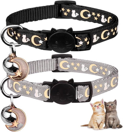 2PCS Breakaway Cat Collars with Bell Moons Stars Cute Kitty Adjustable Safe Kitten Collars with Pendant Glow in the Dark(Black&Purple)