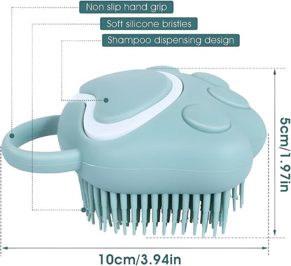Silicone Pet Grooming Brush with Shampoo Dispenser - Soft Dog Bath Brush & Massage Comb for Easy Fur Cleaning - Blue