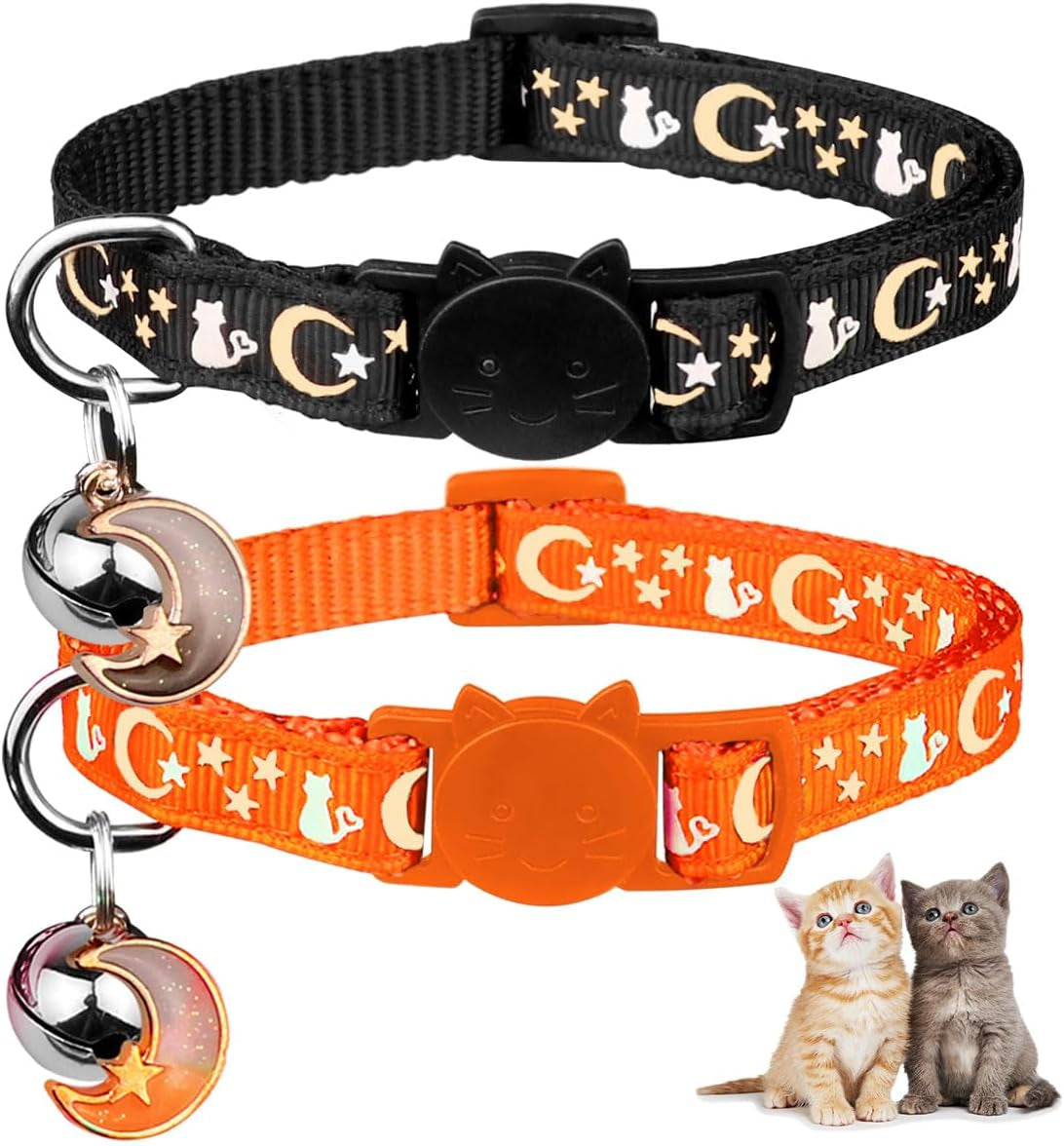 2PCS Breakaway Cat Collars with Bell Moons Stars Cute Kitty Adjustable Safe Kitten Collars with Pendant Glow in the Dark(Black&Purple)