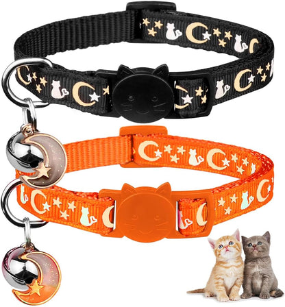 2PCS Breakaway Cat Collars with Bell Moons Stars Cute Kitty Adjustable Safe Kitten Collars with Pendant Glow in the Dark(Black&Purple)