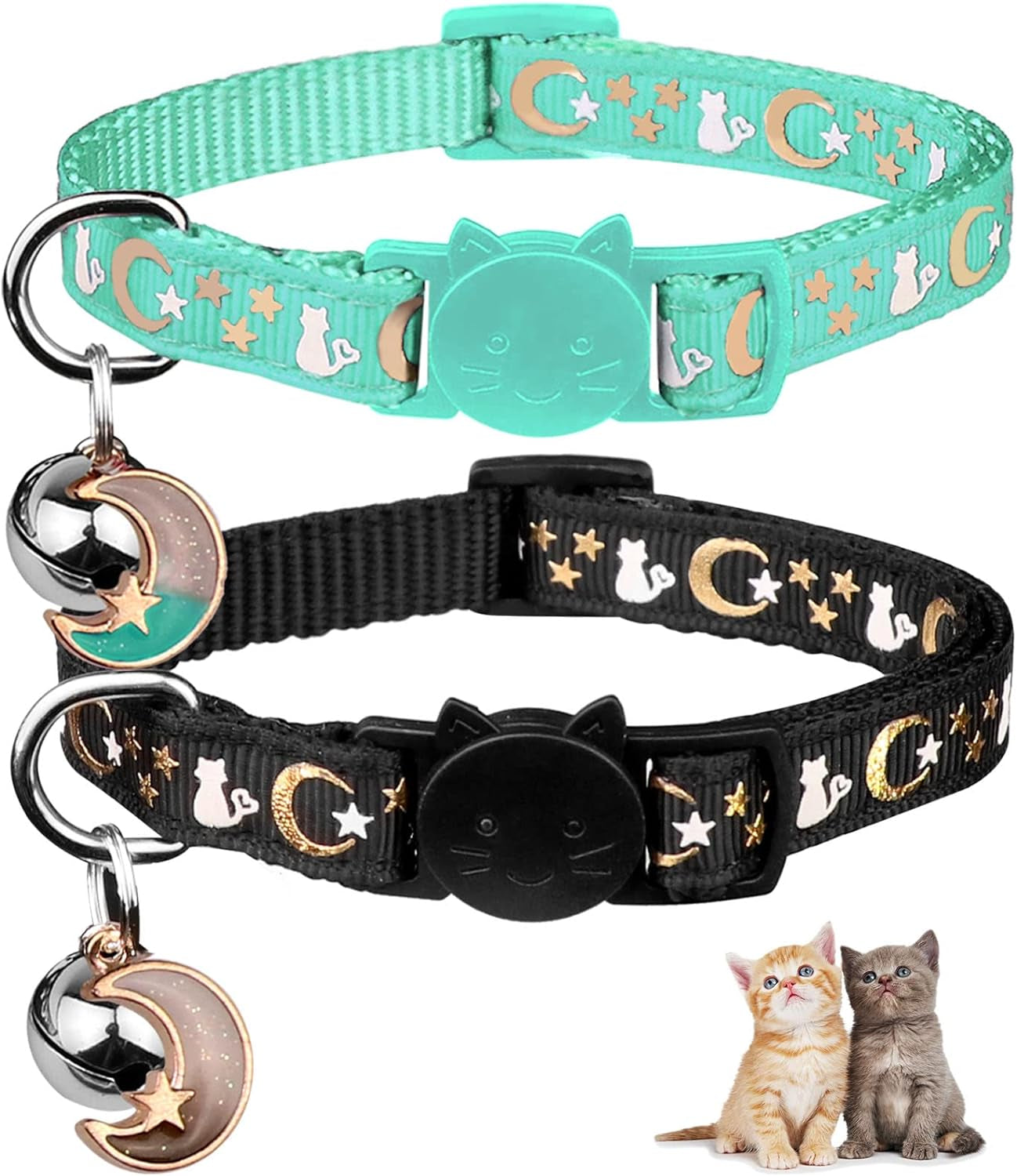 2PCS Breakaway Cat Collars with Bell Moons Stars Cute Kitty Adjustable Safe Kitten Collars with Pendant Glow in the Dark(Black&Purple)