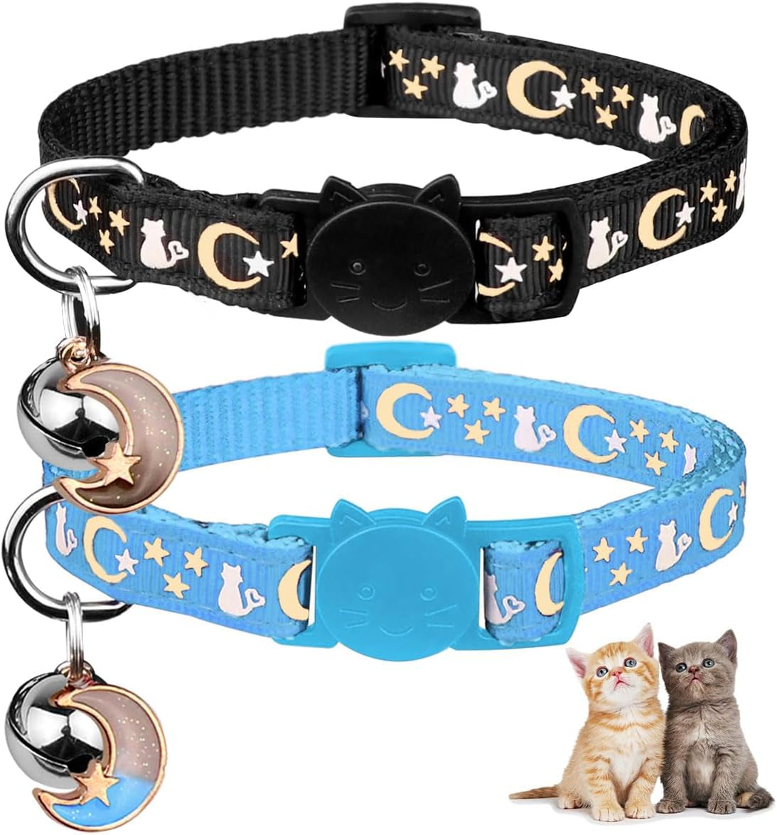 2PCS Breakaway Cat Collars with Bell Moons Stars Cute Kitty Adjustable Safe Kitten Collars with Pendant Glow in the Dark(Black&Purple)