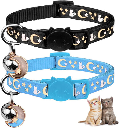 2PCS Breakaway Cat Collars with Bell Moons Stars Cute Kitty Adjustable Safe Kitten Collars with Pendant Glow in the Dark(Black&Purple)