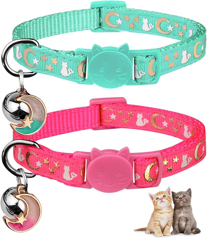 2PCS Breakaway Cat Collars with Bell Moons Stars Cute Kitty Adjustable Safe Kitten Collars with Pendant Glow in the Dark(Black&Purple)