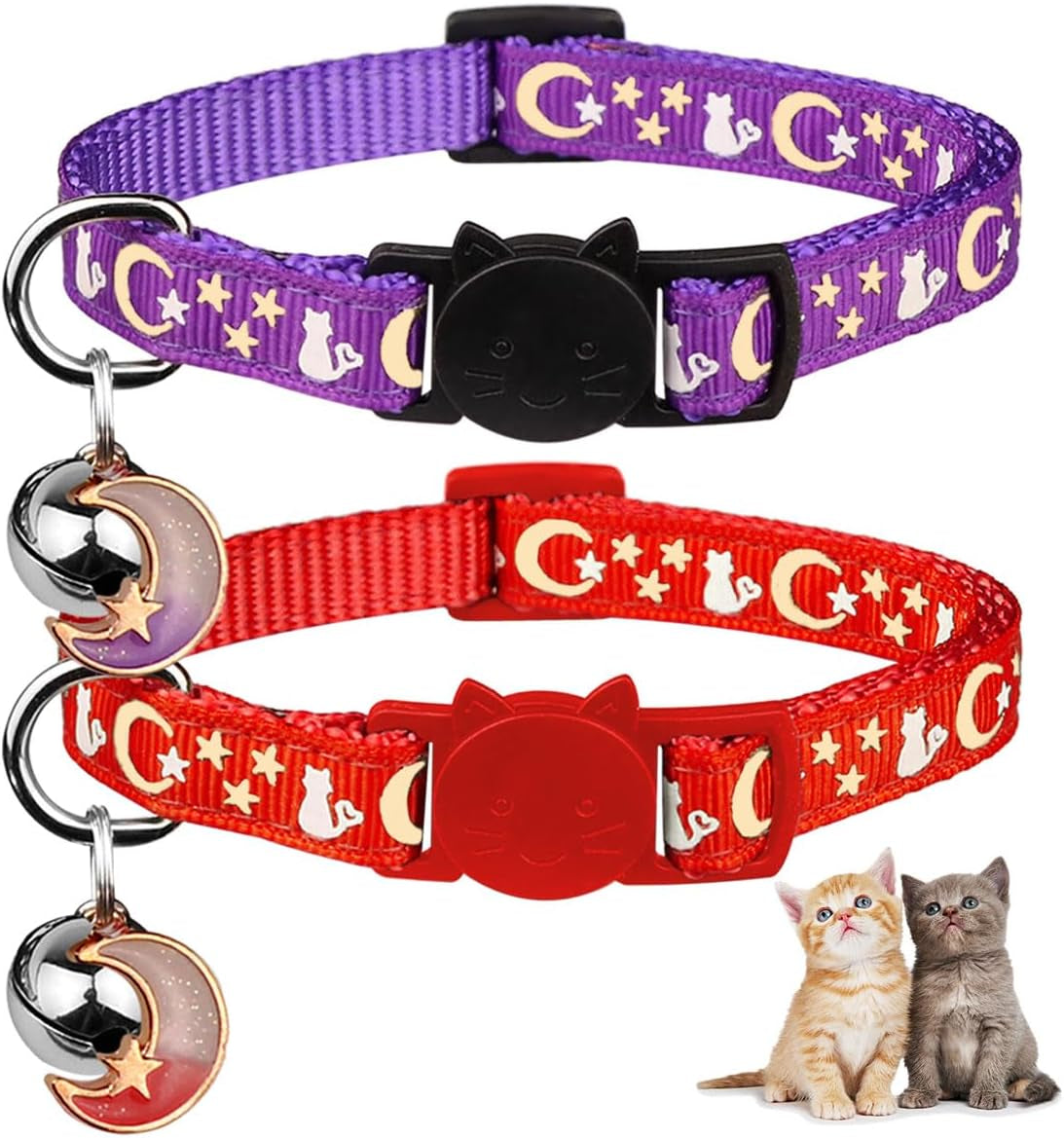 2PCS Breakaway Cat Collars with Bell Moons Stars Cute Kitty Adjustable Safe Kitten Collars with Pendant Glow in the Dark(Black&Purple)