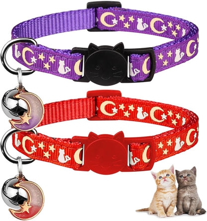 2PCS Breakaway Cat Collars with Bell Moons Stars Cute Kitty Adjustable Safe Kitten Collars with Pendant Glow in the Dark(Black&Purple)